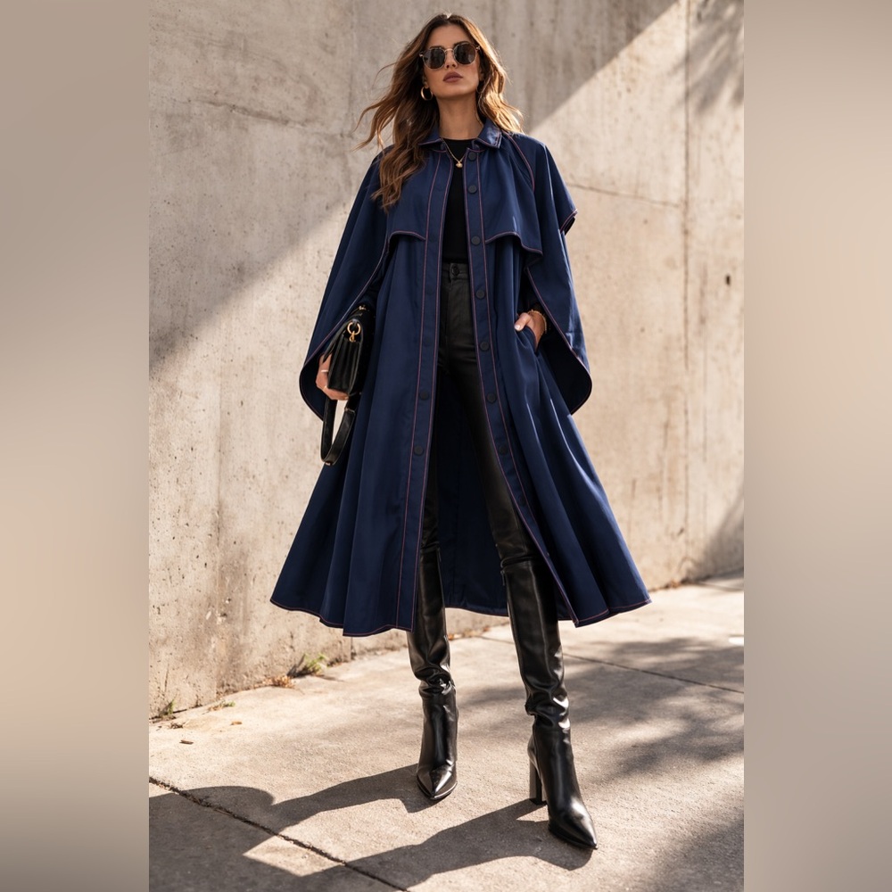 GANNI Navy Cape Duster Trench Coat Minimalist Button Front EU 40 US 8 10 EUC